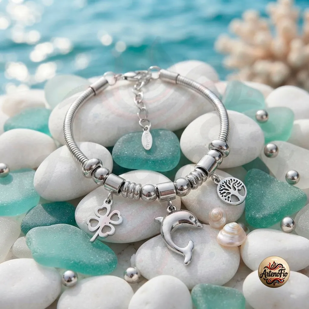 Pulseira tipo Pandora em aco inox prateado. 2